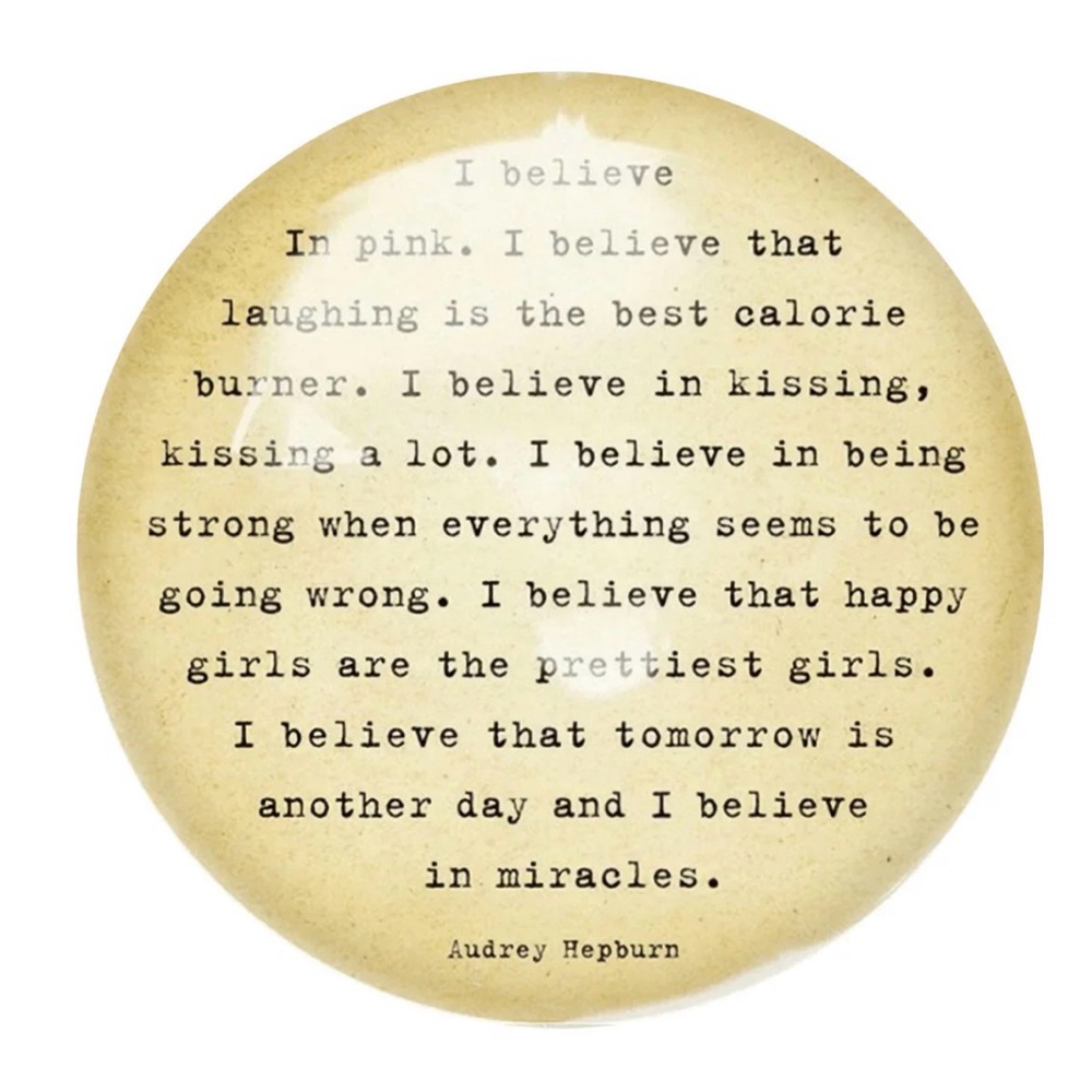Sugarboo & Co. Glass Paperweight with Audrey Hepburn Quote “I believe in pink…”